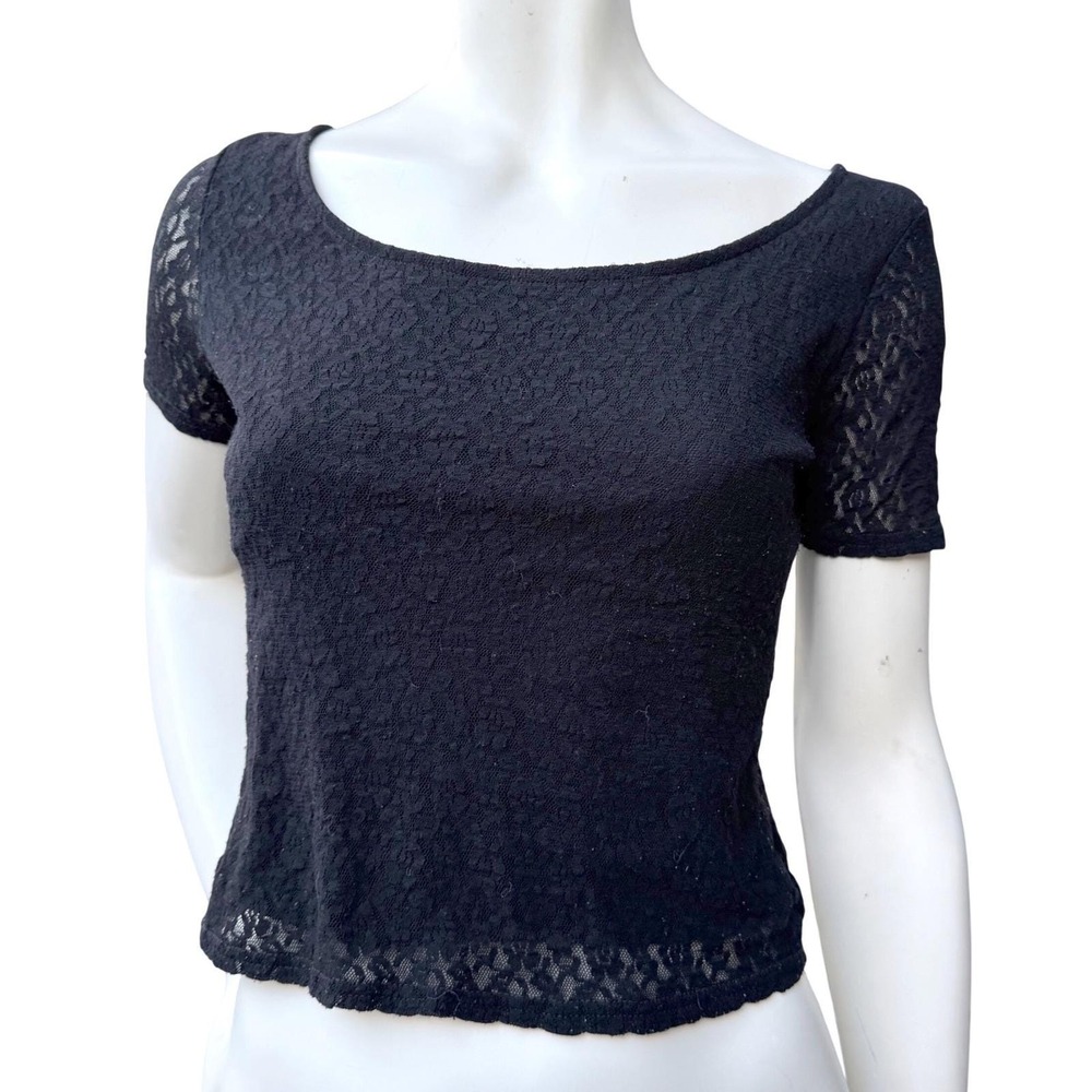 Black Floral Lace Crop Top Short Sleeve Scoop‎ Neck Blouse whimsigoth Y2K Grunge